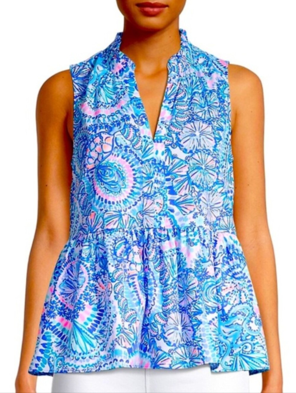 NEW Lilly Pulitzer Novella Ruffle Hem Top Blue Grotto Commotion in The Ocean